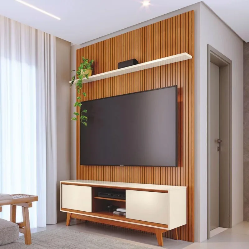 Conjunto Painel e Rack TH SHOP para TV 75 Polegadas MDP Cinamomo Off White Casah - Casah - Móveis