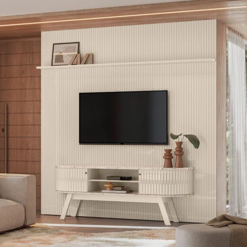 Conjunto Painel e Rack para TV 75 Polegadas Bruma Nobre MDP Cumaru Opala Casah - Casah - Móveis