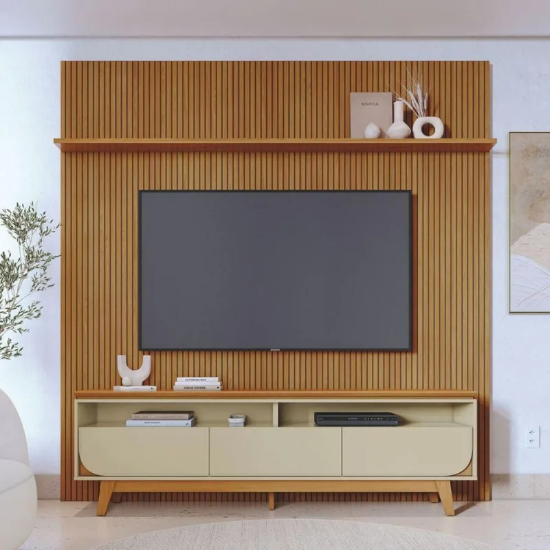 Conjunto de Painel e Rack para TV Aster 75 Polegadas MDP Cumaru Opala Casah - Casah - Móveis