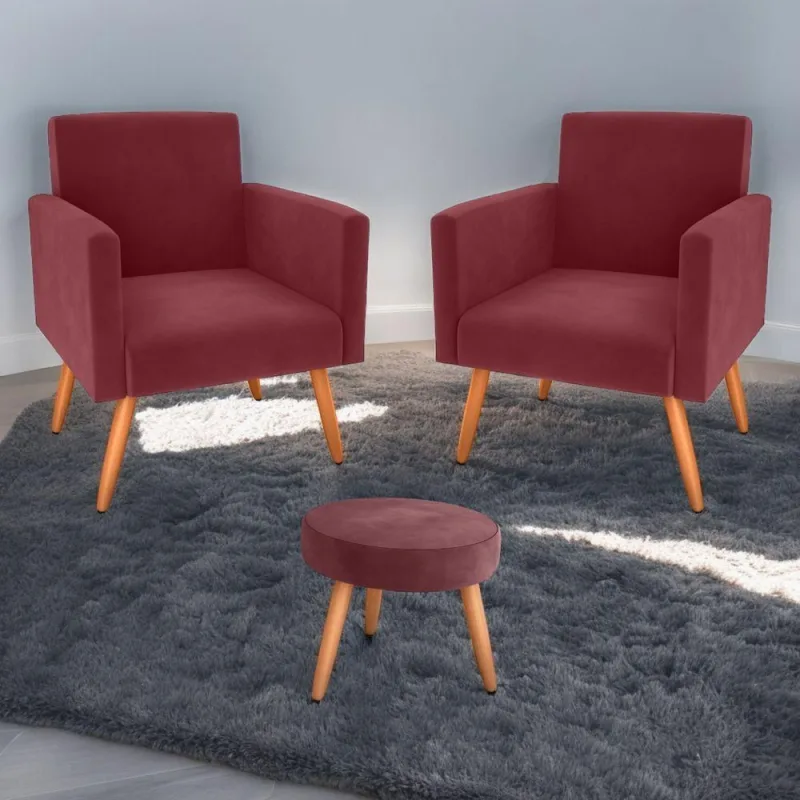 Jogo de Poltronas e Puff Nilo Veludo Espuma D20 Sala de Estar Vinho Matrix - matrix - Agro