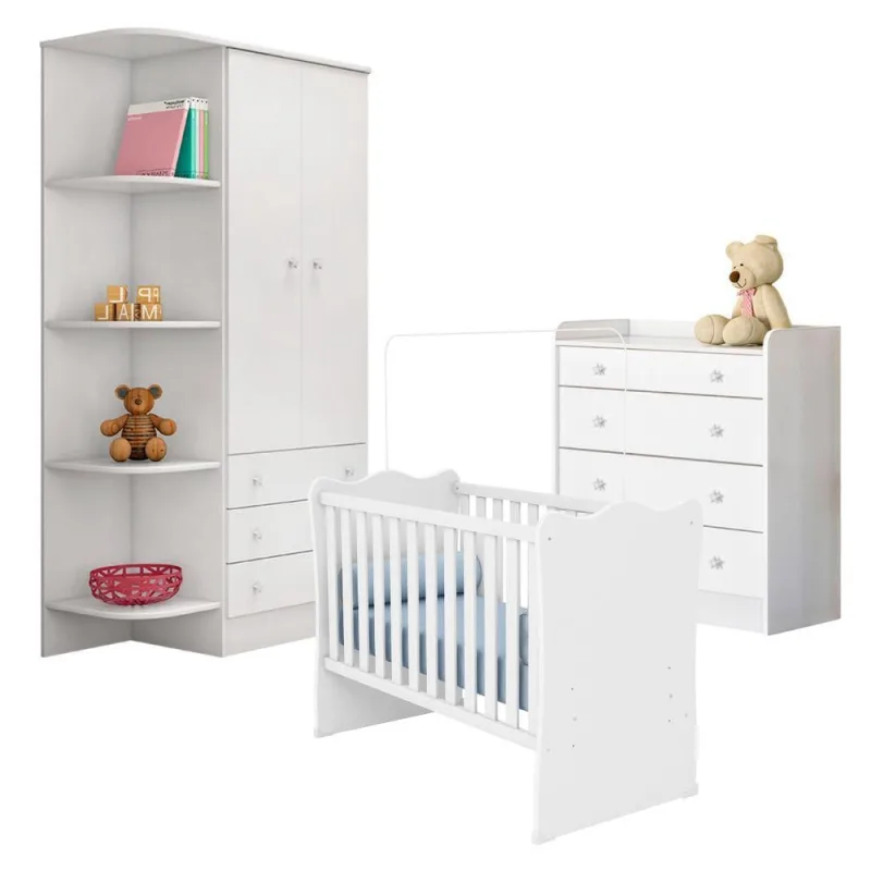 Conjunto para Quarto Infantil Falita Berço Cômoda Guarda Roupa MDP 93CM Branco Qmovi - Qmovi - Móveis