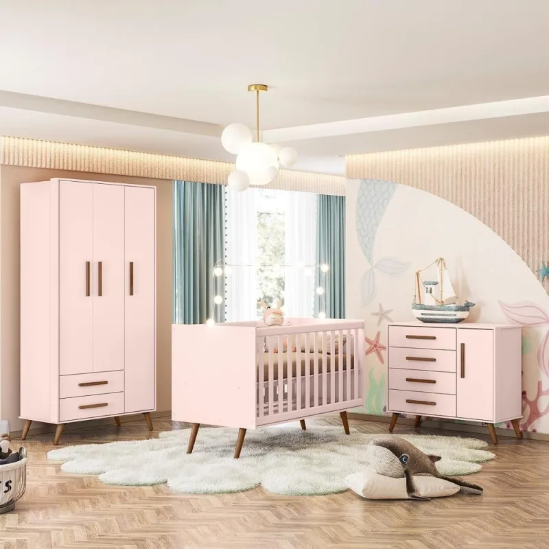 Conjunto para Quarto Infantil Retro Toronto Rosa 4 Portas 6 Gavetas Rosa - Qmovi - Móveis