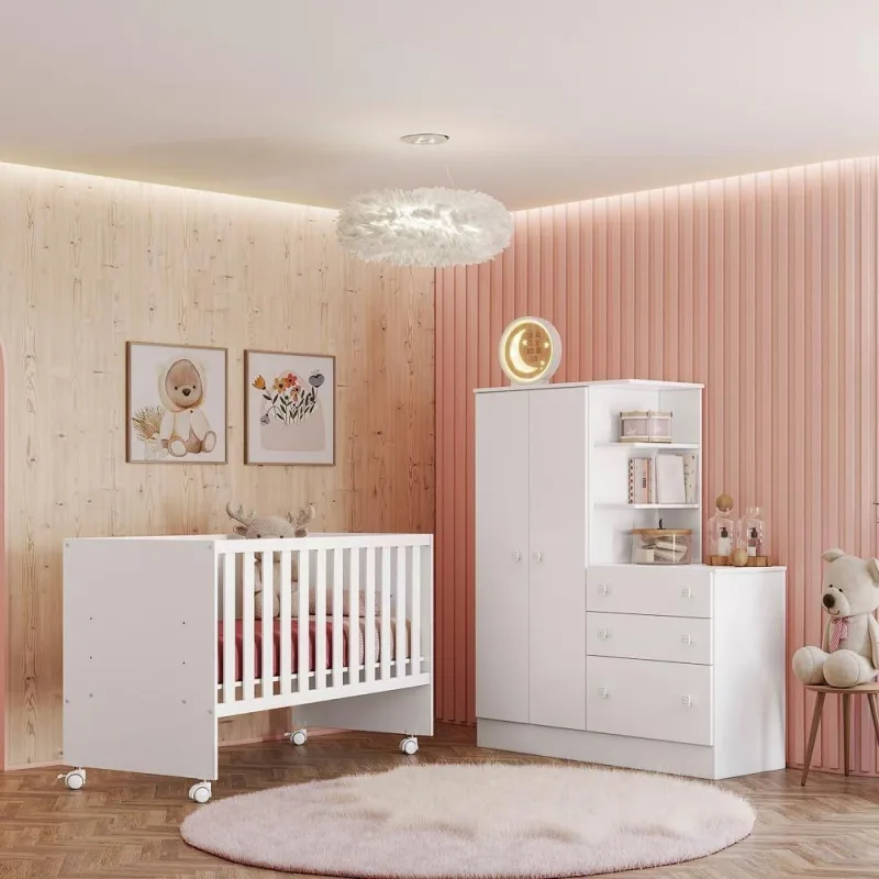 Conjunto para Quarto Infantil Galina 2 Portas 3 Gavetas MDP 120CM Branco - Qmovi - Móveis