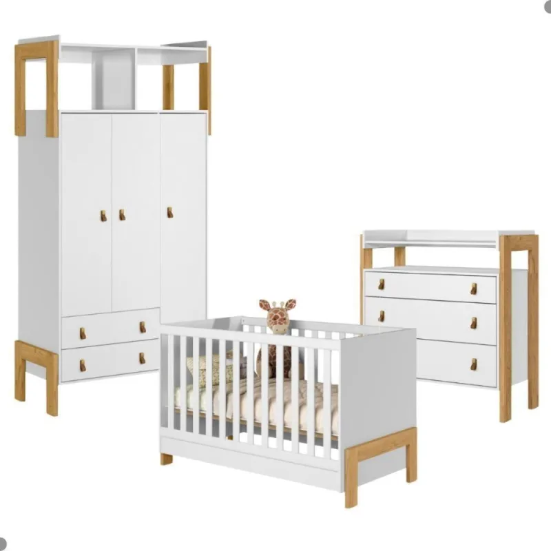 Conjunto para Quarto Infantil Galora 3 Portas 3 Gavetas MDP 97CM Branco Qmovi com Berço e Cômoda - Qmovi - Móveis