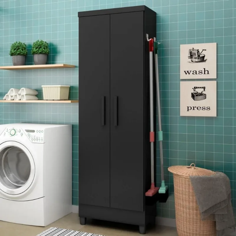 Armário Multiuso Galeus 2 Portas 5 Prateleiras MDP Preto Fosco Qmovi