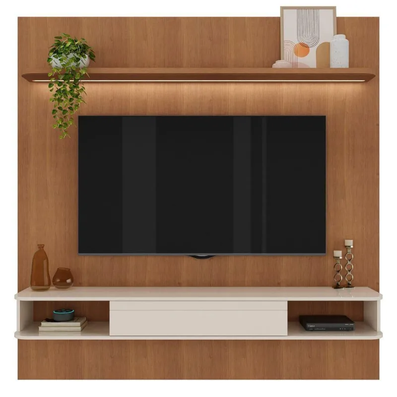 Painel para TV Monte da Serra 75 Polegadas MDF-MDP com Prateleira Iluminacao LED Cinamomo Off White - Artely - Agro