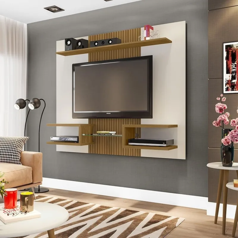 Painel para TV Lourosa Off White Cinomomo Pintura 3D Ripada 55 163CM MDP com Nichos Bechara Móveis - OUTRAS - Agro