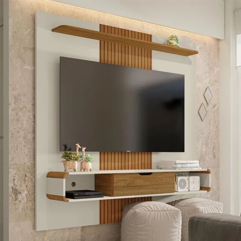 Painel para TV Pérola Ripada com Nichos 65 Off White Cinamomo MDP Bechara Móveis - OUTRAS - Agro