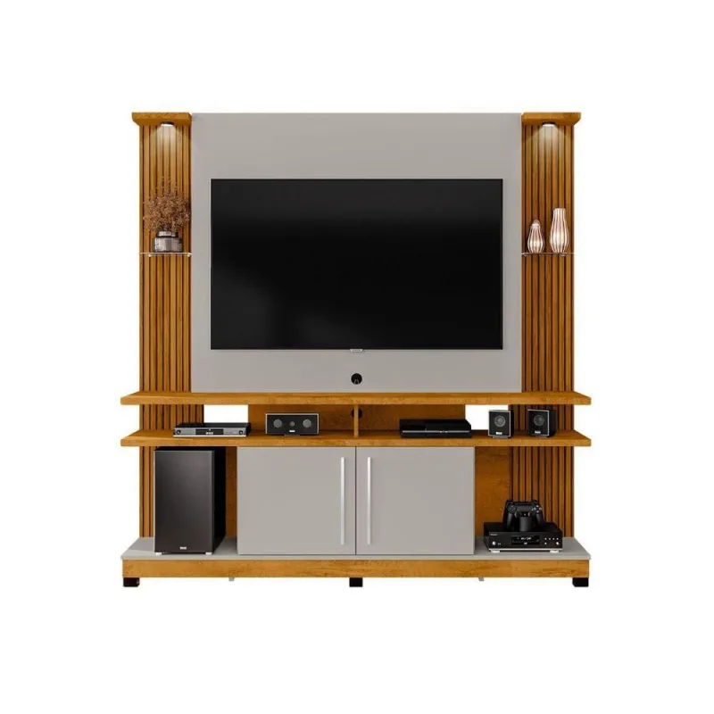 Home para TV Verona 55 Polegadas MDF com Iluminação LED Ripado Nature Off White Bechara Móveis - OUTRAS - Agro