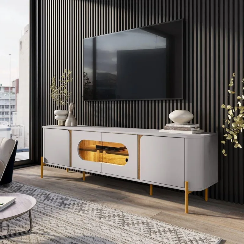 Rack Lince para TV 75 Polegadas 180CM MDF-MDP com Iluminação LED Off White Bechara Móveis - OUTRAS - Agro