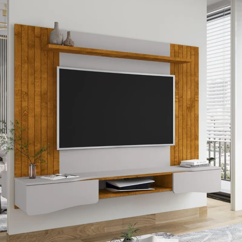 Painel para TV Élide 65 Polegadas 177CM MDP com Portas Nichos Naturalle Off White Bechara Móveis - OUTRAS - Agro