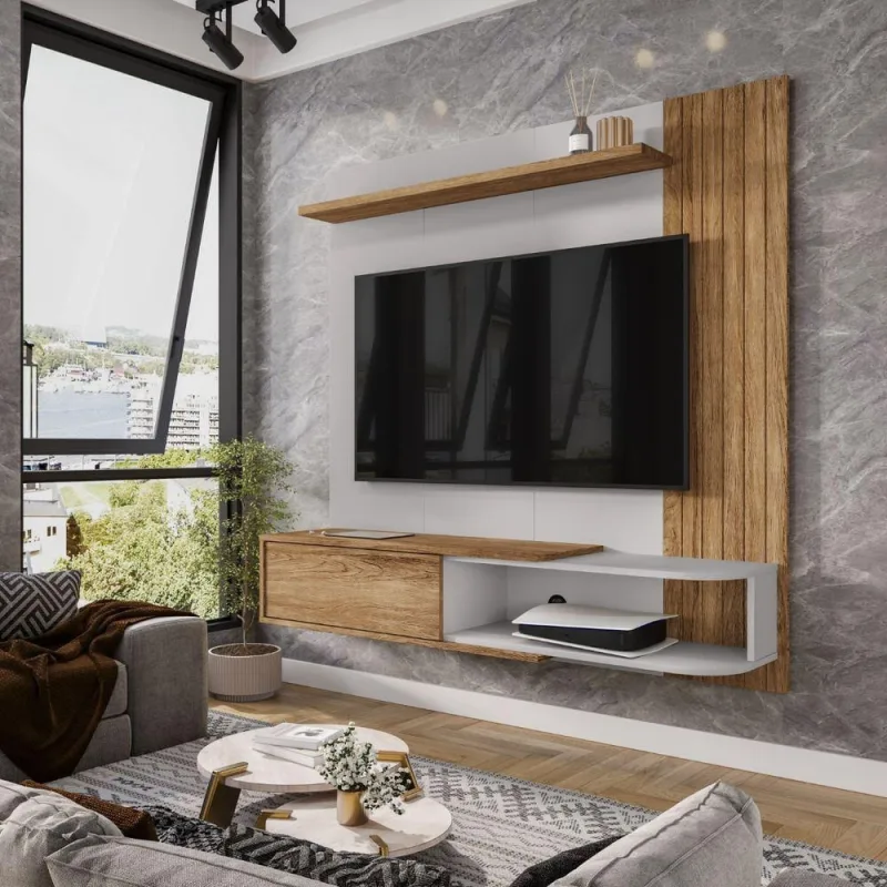 Painel para TV Rima 50 Polegadas 137,6CM MDP com Porta Nichos Prateleira Cinamomo Off White Bechara - OUTRAS - Agro