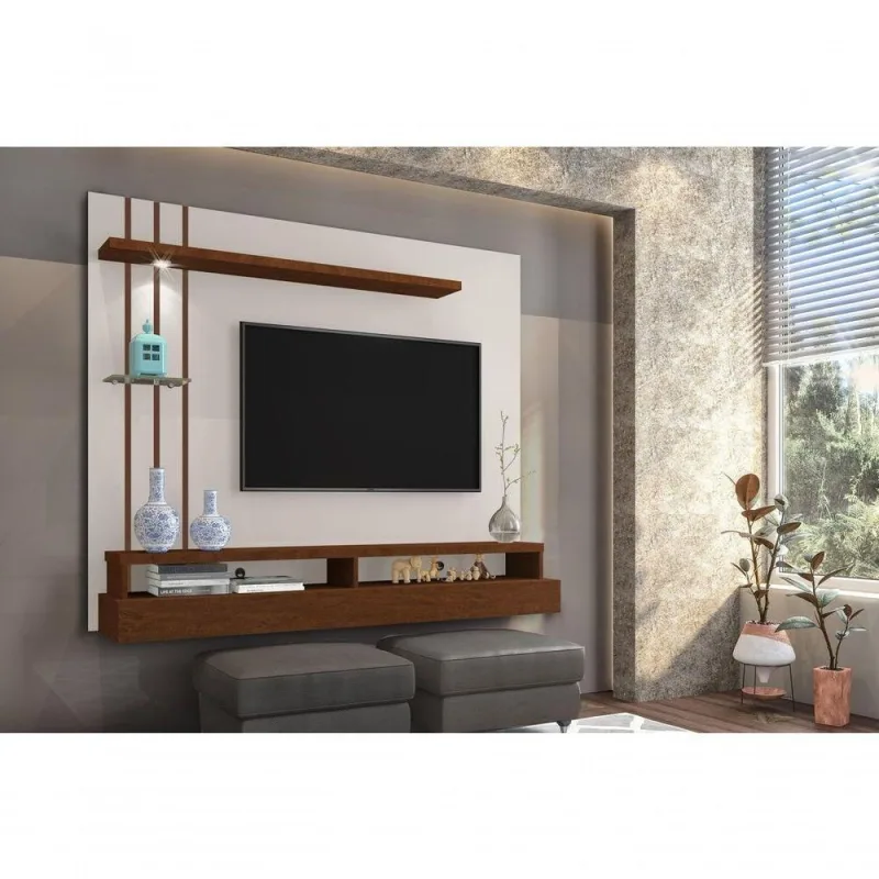 Painel para TV Benício 55 Off White e Canela MDP com Nichos e Iluminação LED Casah - Casah - Agro