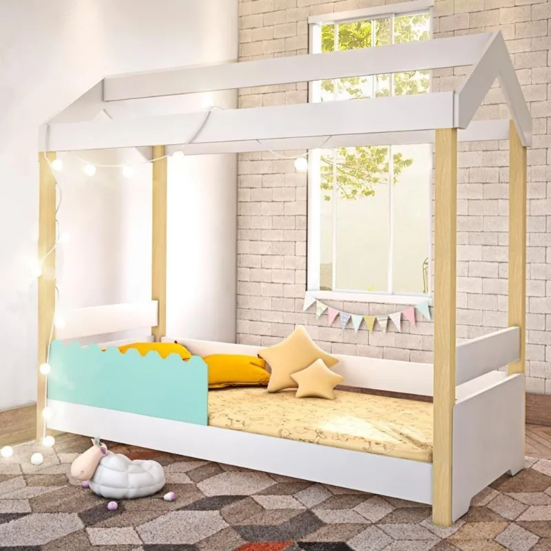 Cama Solteiro Infantil Cama Jéssica Casa Prisma com Colchão LED MDF Branco Menta Divaloto Móveis