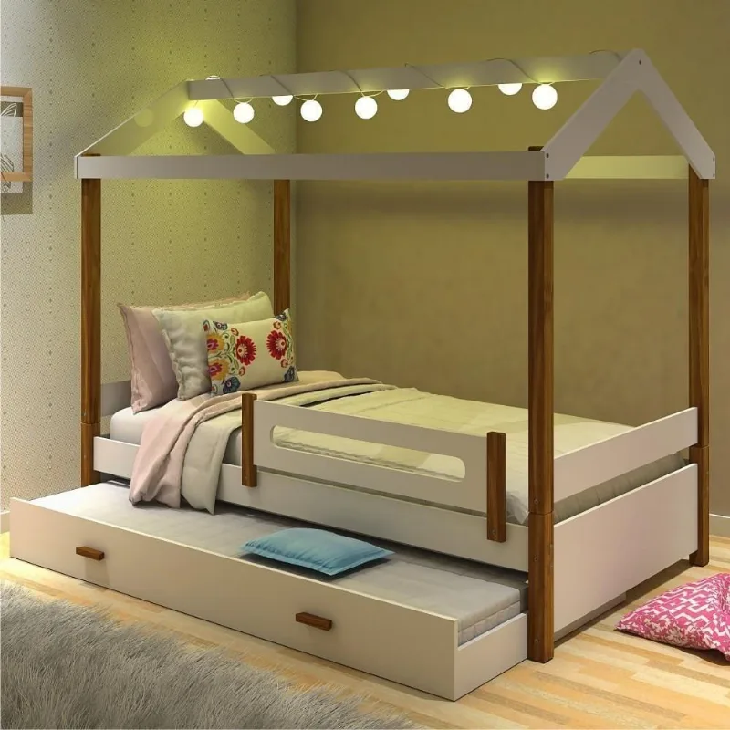 Bicama Montessoriana Solteiro LED Isa com Colchão MDF Branco e Mel Divaloto Móveis