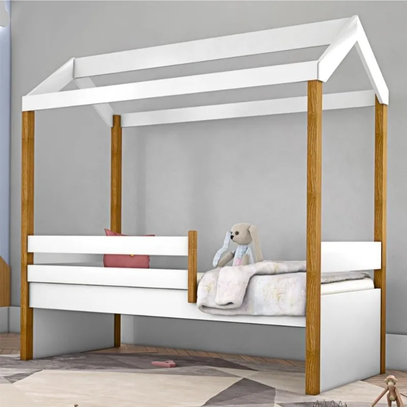Cama Montessoriana Solteiro Exclusiv com Grade de Proteção MDF Branco com Colchão Divaloto Móveis