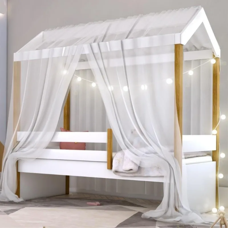 Cama Montessoriana Solteiro Cama Montessori Exclusiv Fio de Luz MDF Branco com Colchão e Voal
