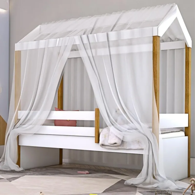 Cama Montessoriana Solteiro Exclusiv com Voal MDF Branco Divaloto - OUTRAS - Cama, Mesa E Banho