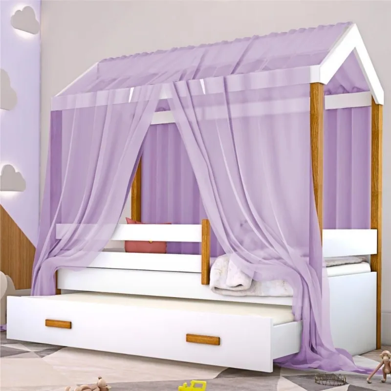 Bicama Montessoriana Solteiro Montessori Exclusiv com Colchão e Voal Lilás MDF Branco Divaloto