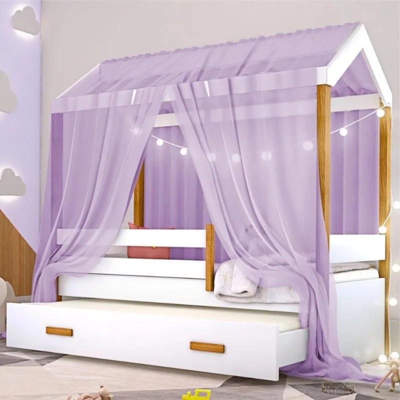 Bicama Montessoriana Solteiro Montessori Heleva Fio de Luz com Colchão e Voal MDF Branco Divaloto