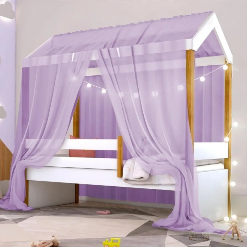 Cama Montessoriana Solteiro Cama Montessori Exclusiv Fio de Luz Colchão e Voal Lilás MDF Branco