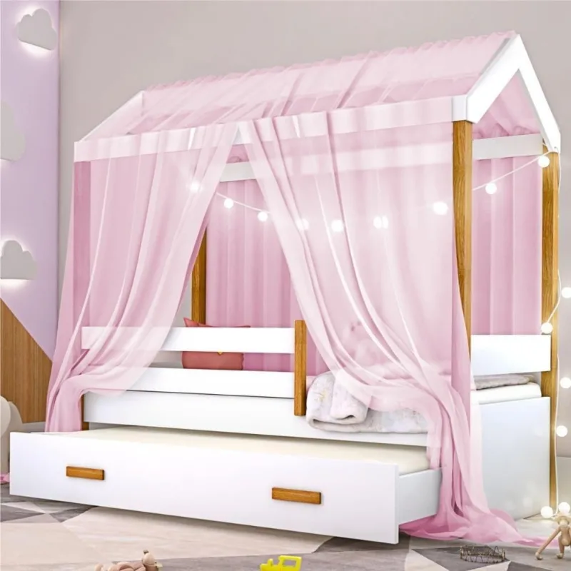 Bicama Montessoriana Solteiro Montessori Exclusiv Fio de Luz com Colchão e Voal Rosa MDF Branco