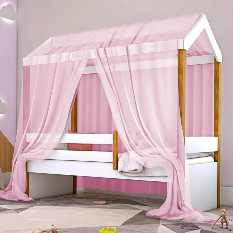 Cama Montessoriana Solteiro Exclusiv com Voal MDF Rosa Divaloto Móveis - OUTRAS - Cama, Mesa E Banho