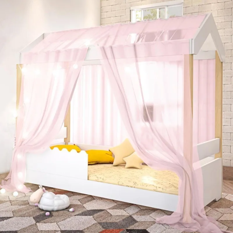 Cama Mila com Voal LED MDF Branco e Rosa Divaloto Móveis - OUTRAS - Cama, Mesa E Banho