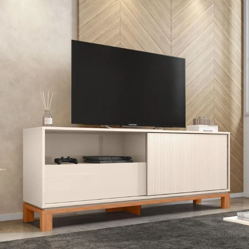 Bancada Tv Mondrian 1.5 150CM MDP com Nicho Off White Mais de Casa