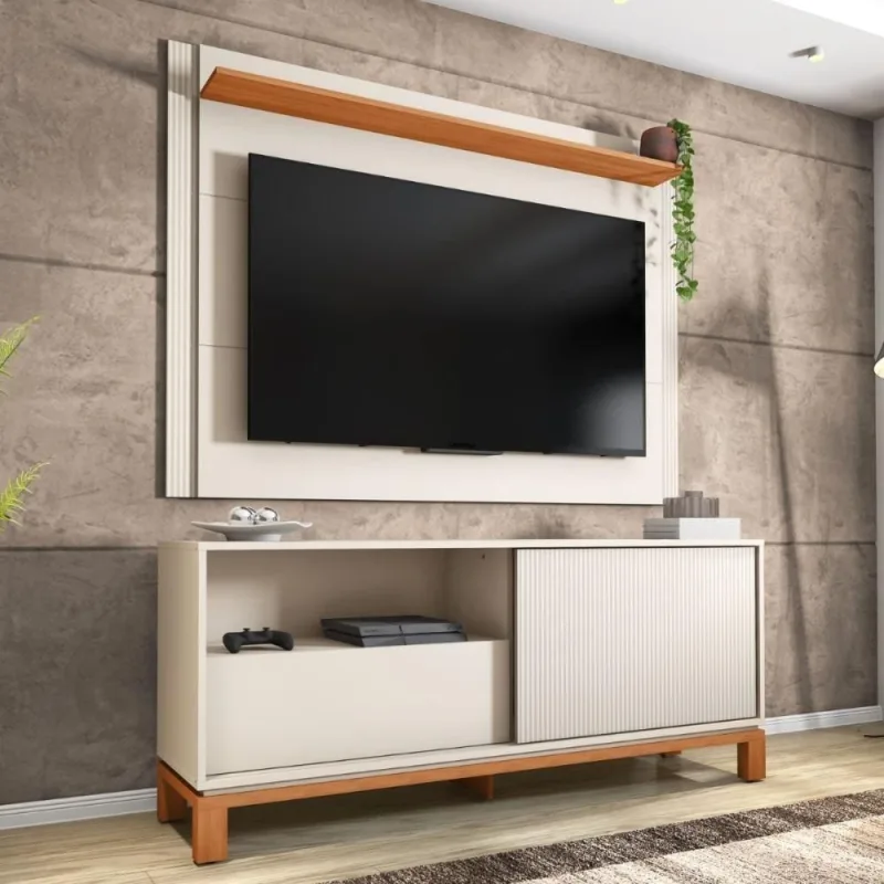 Bancada Funcional Mondrian 1.5 + Painel Extensível para TV 65" 180CM MDP Off White Freijó Mais - OUTRAS - Móveis