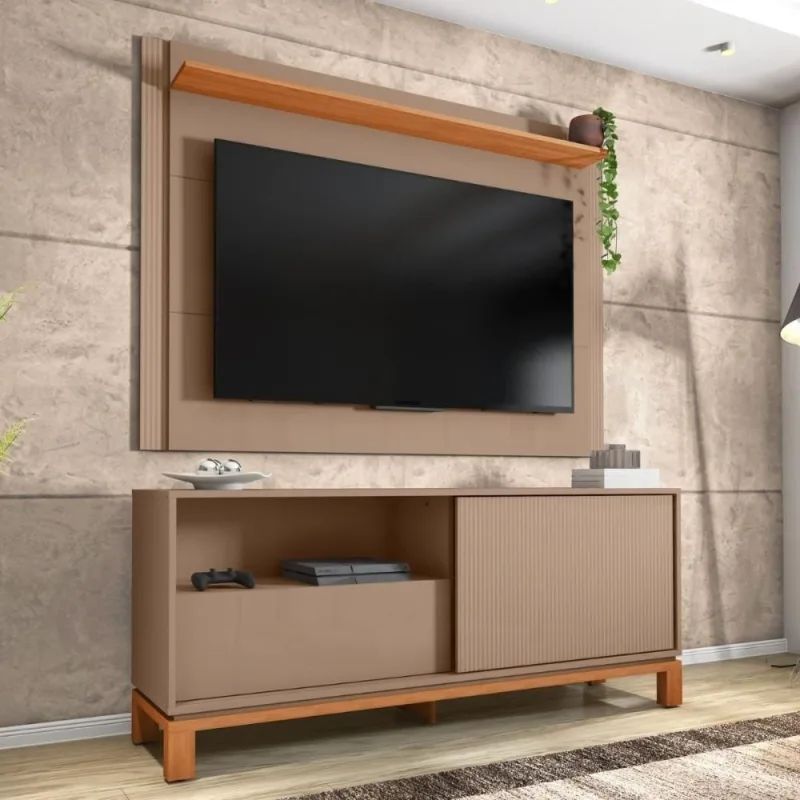 Bancada + Painel Mondrian para TV 65" 180CM MDP Fosco Amadeirado Mais de Casa - OUTRAS - Móveis