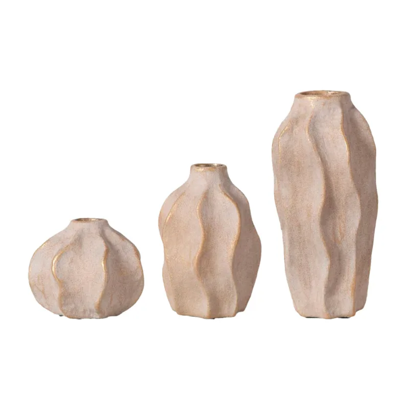 Conjunto de Vasos em Cerâmica 3 Peças Areia e Dourado Cromus