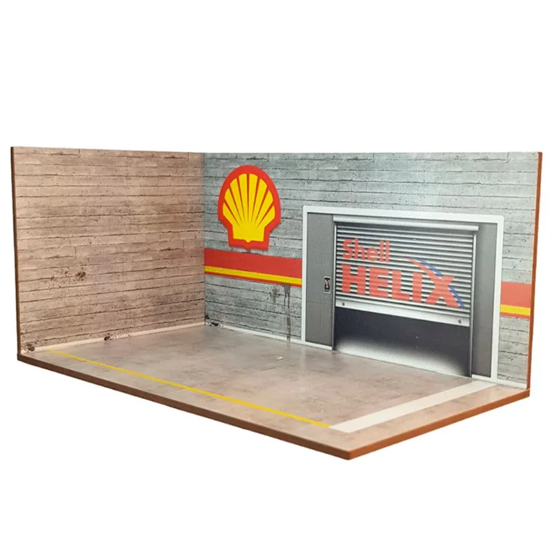 Cenário para Diorama Oficina Posto Shell - padrão Hot Whells Escala 1:64 - MDF pintado, não é adesivado - O produto vai desmontado precisa ser colado.