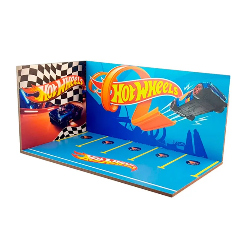 Cenário Expositor para Diorama ESTACIONAMENTO Hot Whells Escala 1:64 - MDF Pintado. O produto vai desmontado, precisa ser colado.
