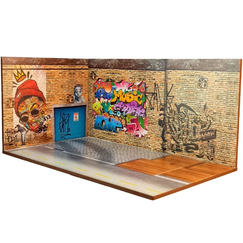 Cenário Expositor para Diorama PRAÇA HIP HOP Padrão Hot Whells Escala 1:64 - MDF Pintado. O produto vai desmontado, precisa ser colado.
