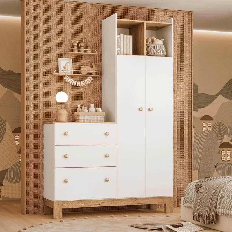 Cômoda com Guarda Roupa Infantil 2 Portas 3 Gavetas MDP Branco Mais de Casa - OUTRAS