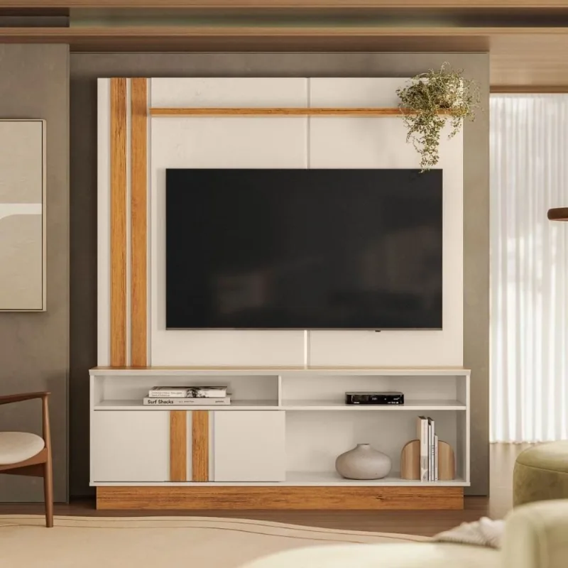 Conjunto Painel e Rack Home Suspenso para Tvs Até 70 Polegadas 160CM MDP com LED Off White Mais - OUTRAS - Móveis