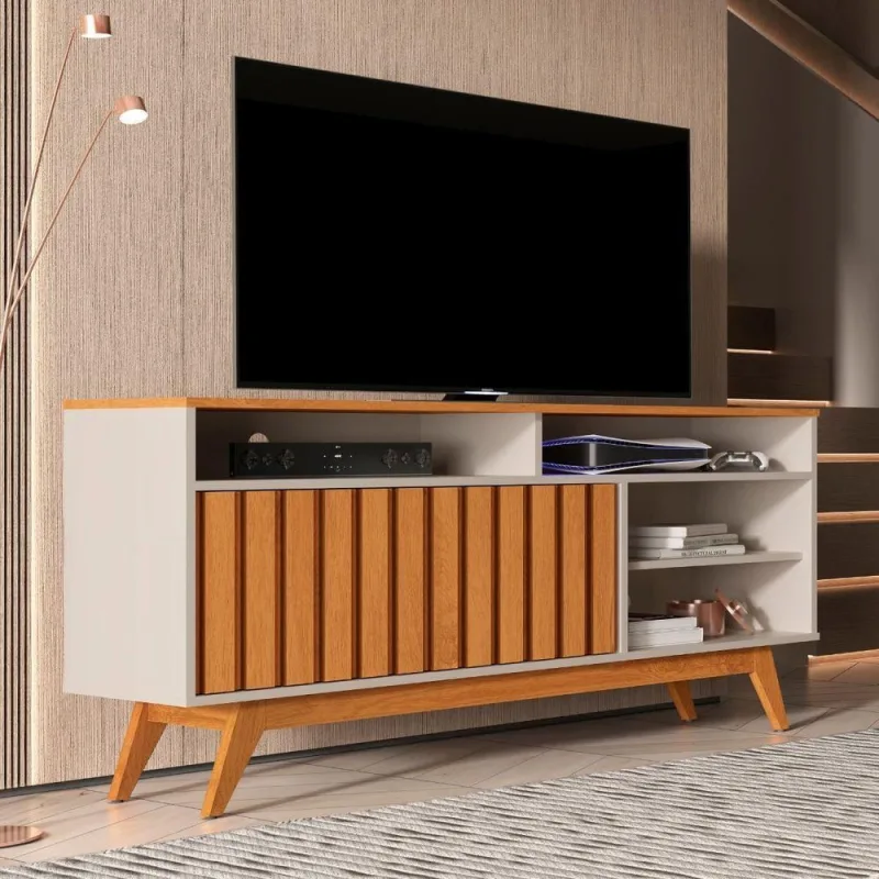 Rack para TV Rack Turin Ripado 1.36 Off White-Nature 55 Polegadas MDP-MDF Germai Móveis - Germai Móveis - Agro