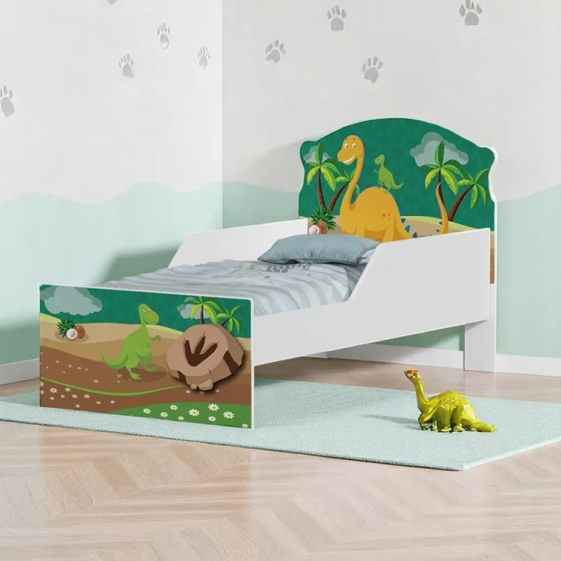 Cama Infantil Simples Dinossauros com Colchão MDF Branco Cambel Móveis - Cambel Moveis - Colchões
