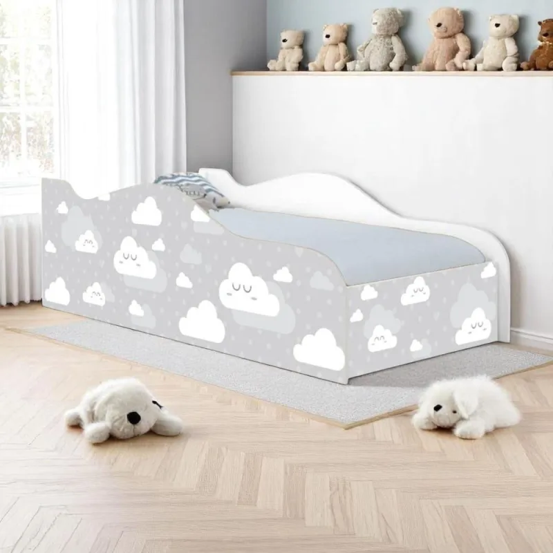 Cama Infantil Nuvens Cinza Bordas Arredondadas MDF Branco Casah - Casah