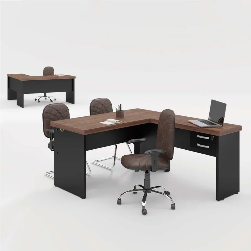 Mesa em l para Escritório Mesa em l Aster 2 Gavetas Noce Preto MDP Casah - Casah - Agro