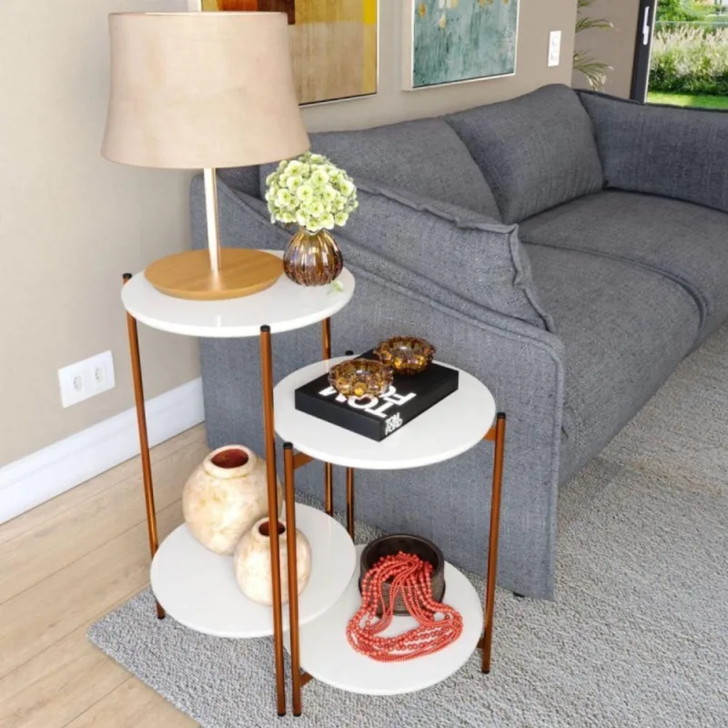 Conjunto de Mesa para Sala de Estar Celeste Redondo MDF Aço Branco OFT Móveis - OUTRAS - Móveis
