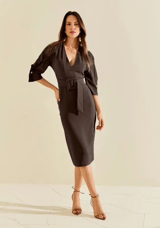 Vestido Morena Rosa Ajustado Decote V Manga Longa Midi Marrom - Morena Rosa - Outlet