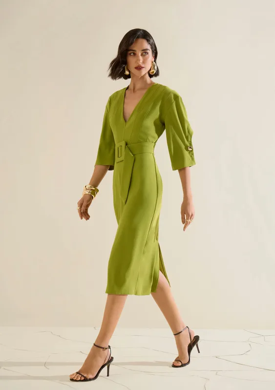 Vestido Morena Rosa Ajustado Decote V Manga Longa Midi Verde - Morena Rosa - Outlet