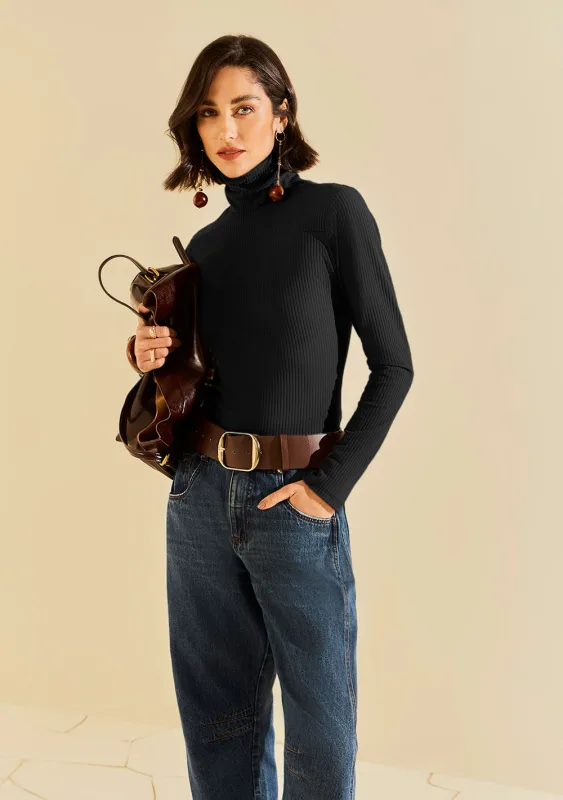 Blusa Morena Rosa Ajustada Gola Alta Manga Longa Padrão Preto - Morena Rosa - Outlet
