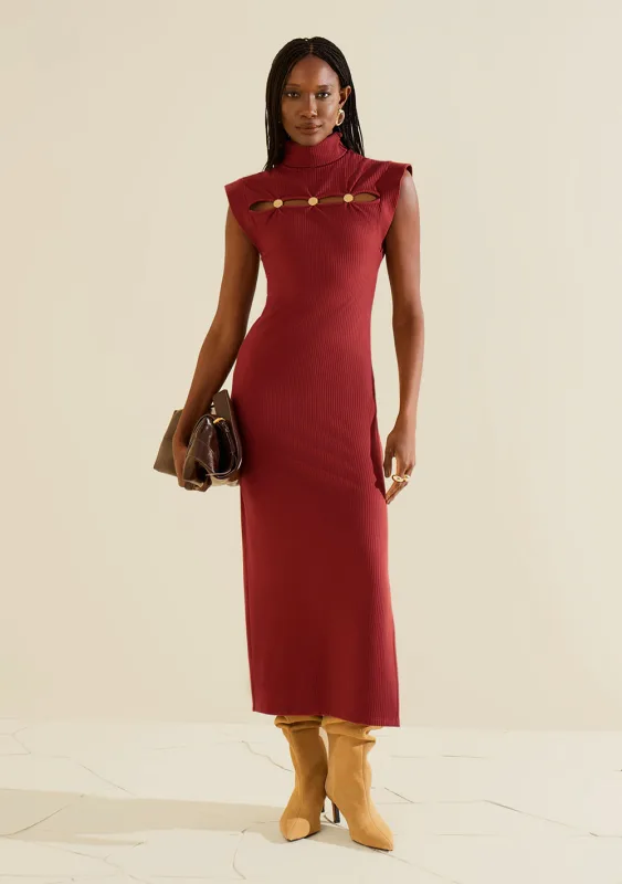 Vestido Morena Rosa Ajustado Gola Alta Sem Manga Midi Bordo - Morena Rosa - Outlet
