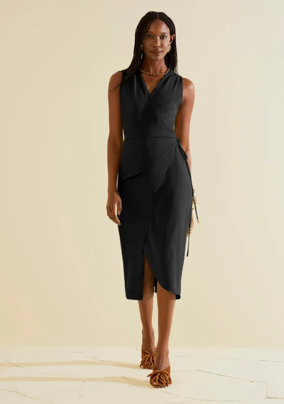 Vestido Morena Rosa Solto Decote Transpassado Sem Manga Midi Preto - Morena Rosa - Outlet