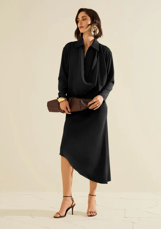 Vestido Morena Rosa Solto Decote V Manga Longa Midi Preto - Morena Rosa - Outlet