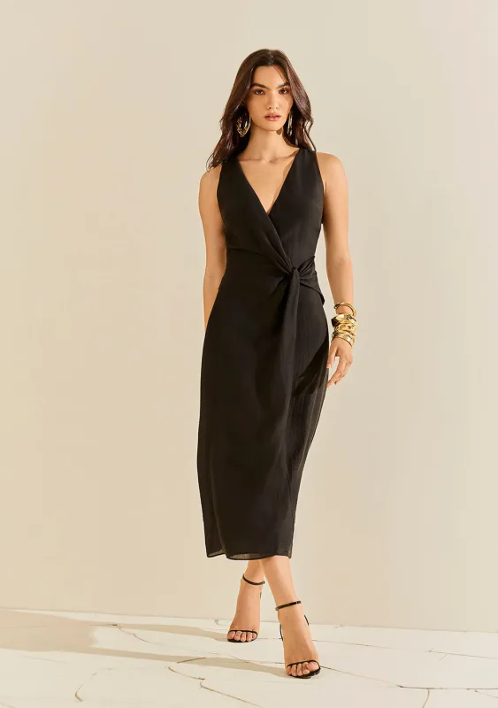 Vestido Morena Rosa Ajustado Decote Transpassado Sem Manga Midi Preto - Morena Rosa - Outlet
