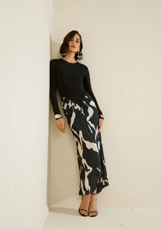 Vestido Morena Rosa Ajustado Decote Careca Manga Longa Longo Preto - Morena Rosa - Outlet